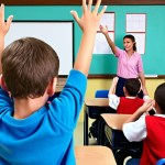 ** A classroom scene. Children are eagerly raising their hands to ask questions, with a teacher encouraging them. The atmosphere should be bright and stimulating, showcasing curiosity.

**