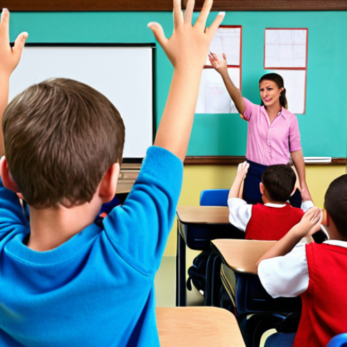 ** A classroom scene. Children are eagerly raising their hands to ask questions, with a teacher encouraging them. The atmosphere should be bright and stimulating, showcasing curiosity.

**
