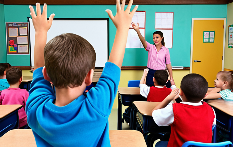 ** A classroom scene. Children are eagerly raising their hands to ask questions, with a teacher encouraging them. The atmosphere should be bright and stimulating, showcasing curiosity.
**