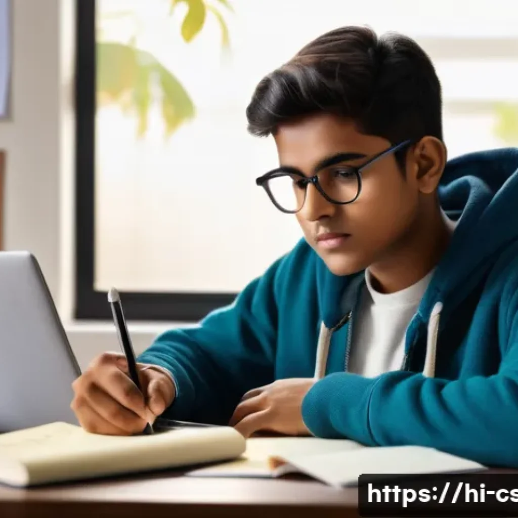 자기주도학습코치의 강의 효과 분석 연구 - A focused Indian teenage student studying at a desk with coaching materials around, wearing casual c...