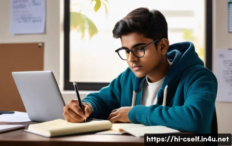 자기주도학습코치의 강의 효과 분석 연구 - A focused Indian teenage student studying at a desk with coaching materials around, wearing casual c...