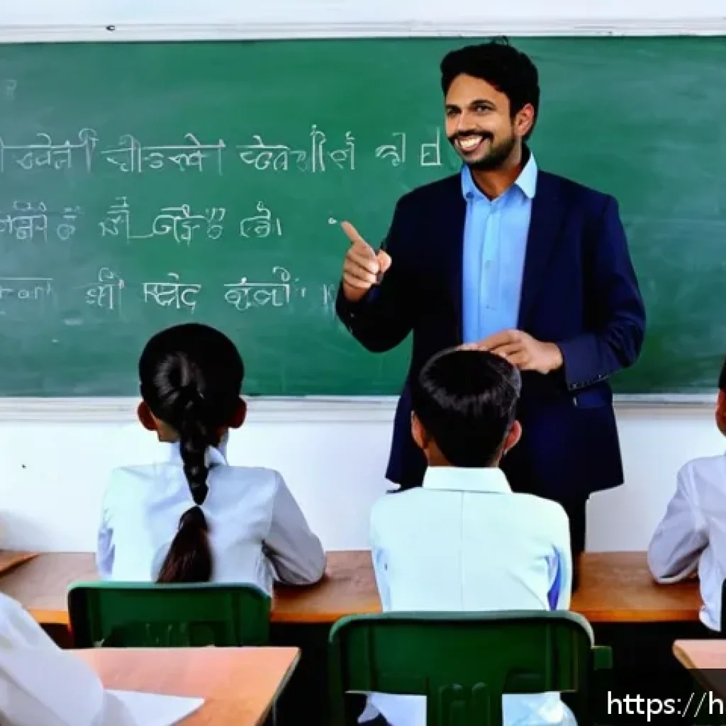 자기주도학습코치 피드백 작성 사례 - A warm, inviting classroom scene with a Hindi-speaking male teacher encouraging a diverse group of a...