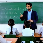 자기주도학습코치 피드백 작성 사례 - A warm, inviting classroom scene with a Hindi-speaking male teacher encouraging a diverse group of a...