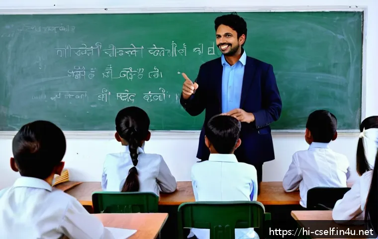 자기주도학습코치 피드백 작성 사례 - A warm, inviting classroom scene with a Hindi-speaking male teacher encouraging a diverse group of a...