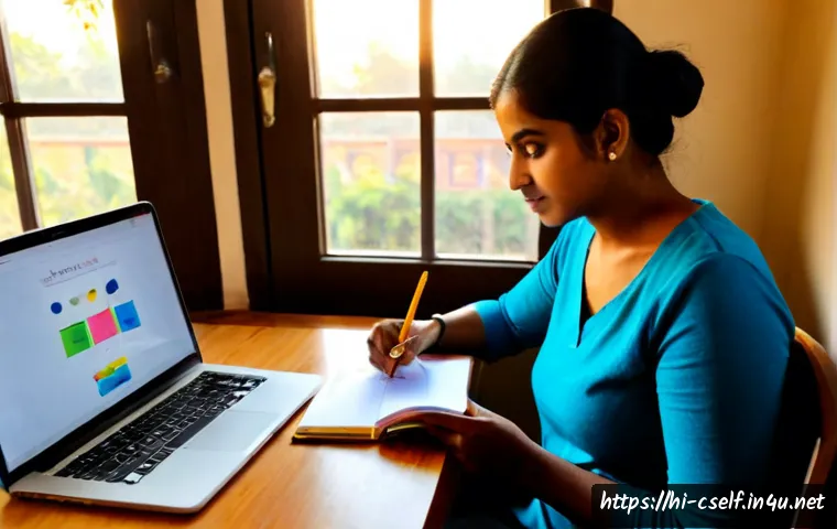 자기주도학습코치의 성장 다이어리 - Photorealistic Indian self-directed learning coach seated at a tidy home-office desk, reviewing a vi...